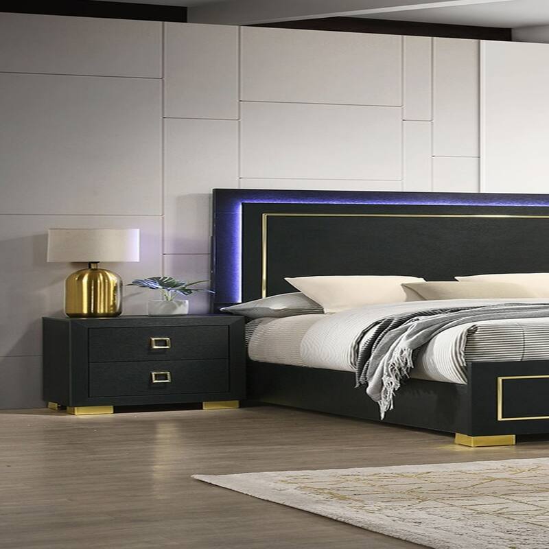 Modern 1pc Nightstand Black Color Center Glide 2-Drawers Bedside Table