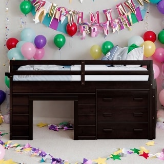 Modern Twin Size Loft Bed With Cabinet and Shelf,Solid Construction
