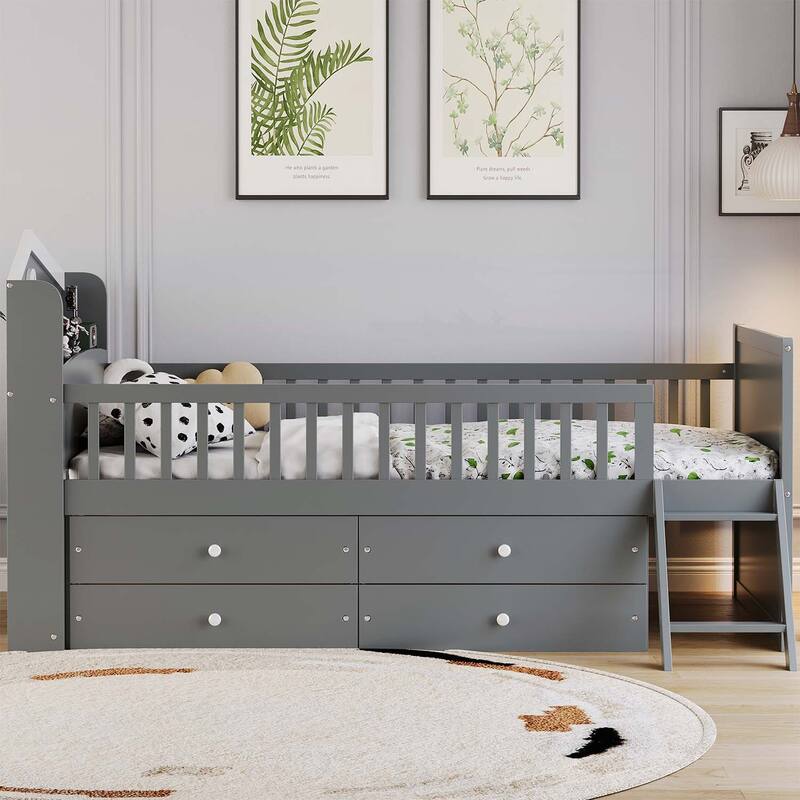 Twin Bed with Excellent Storage Facilities and Appealing Design - Gray