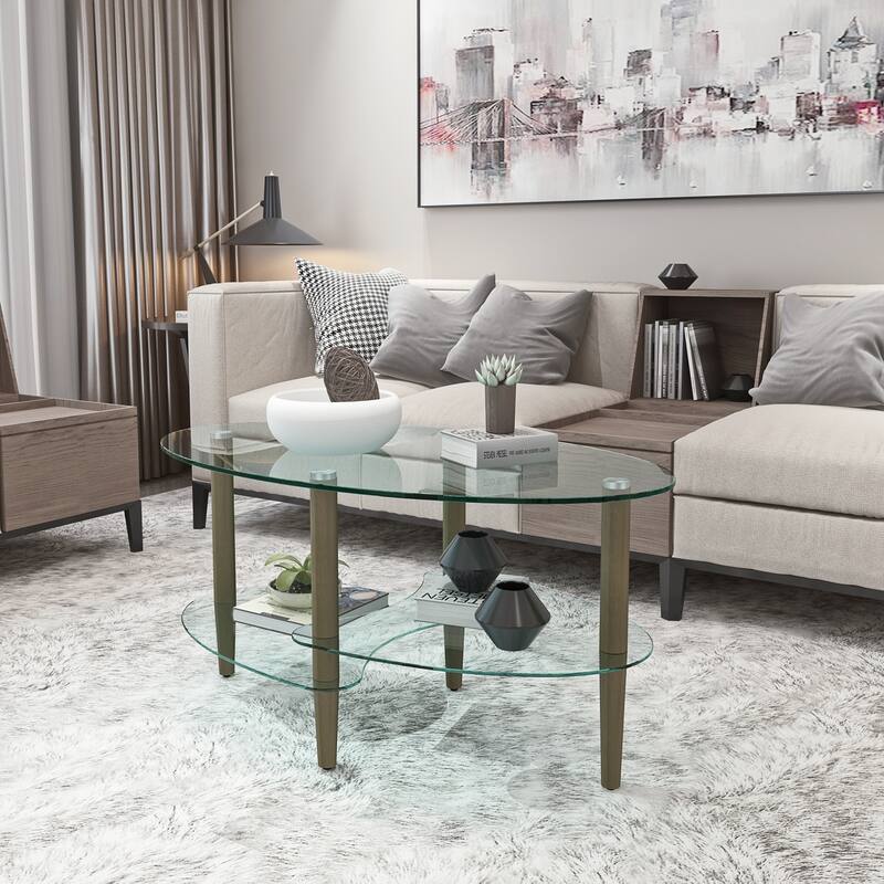 Transparent Oval Glass Coffee Table with Oak Wood Leg