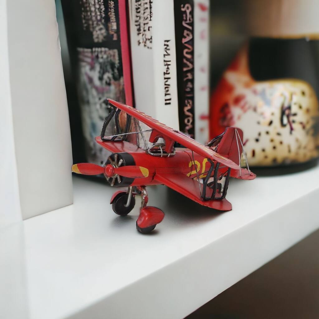 HomeRoots 5" Red and Black Metal Hand Painted 1933 G5 Bi Plane Model Airplane - 10' X '5' X '9
