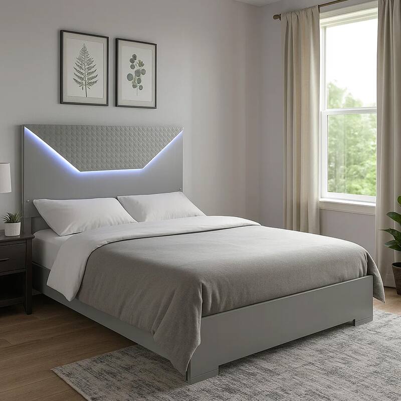 Ivon Queen Size Bed, 3D Embossed LED Headboard, Gray Solid Hardwood