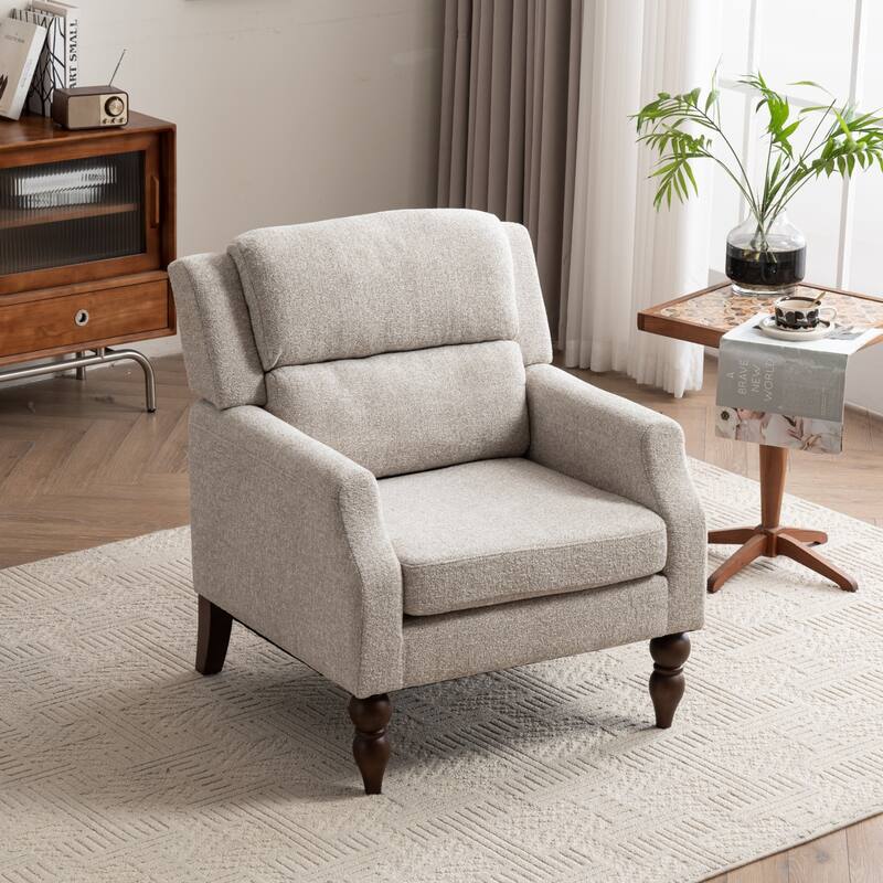 Upholstered Armchair With Wood Legs, Accent Chair - Beige/Espresso