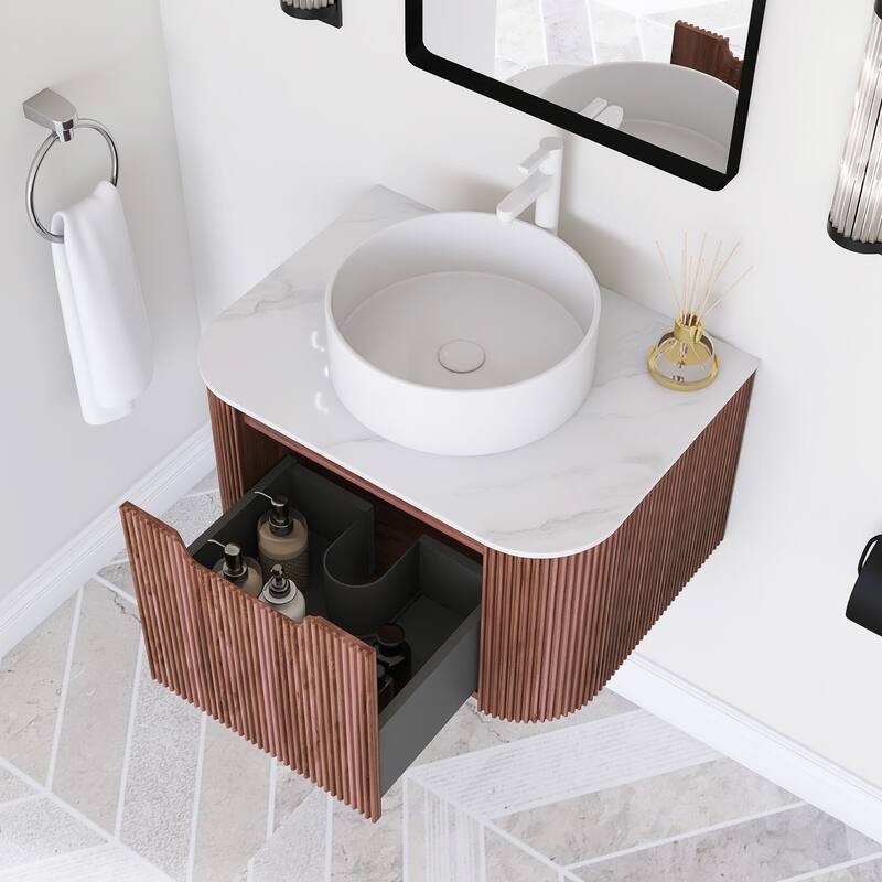 Plywood Wall-Mounted Bathroom Vanity Set with Integrated Ceramic Sink in Natural Wood