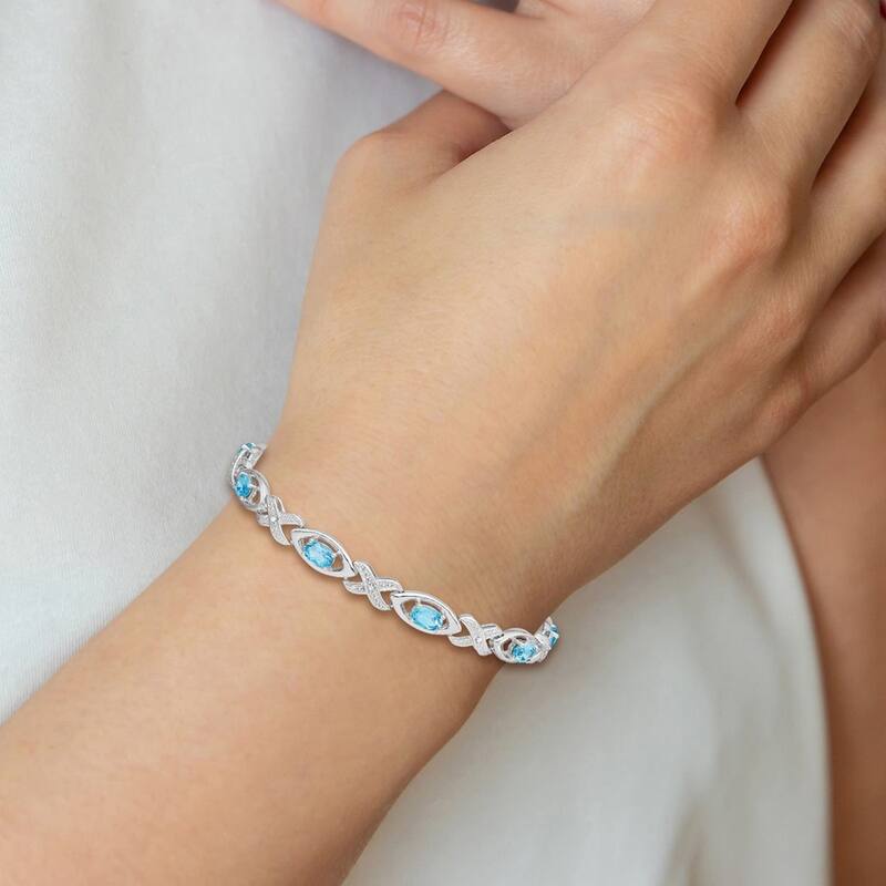 Curata 925 Sterling Silver 7" 6mm Light Swiss Blue Topaz or Amethyst and Diamond Bracelet