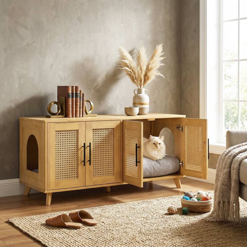 Christopher Knight Home - 47"W Rubber Wood Cat Cabinet with Rattan Doors & Cushion