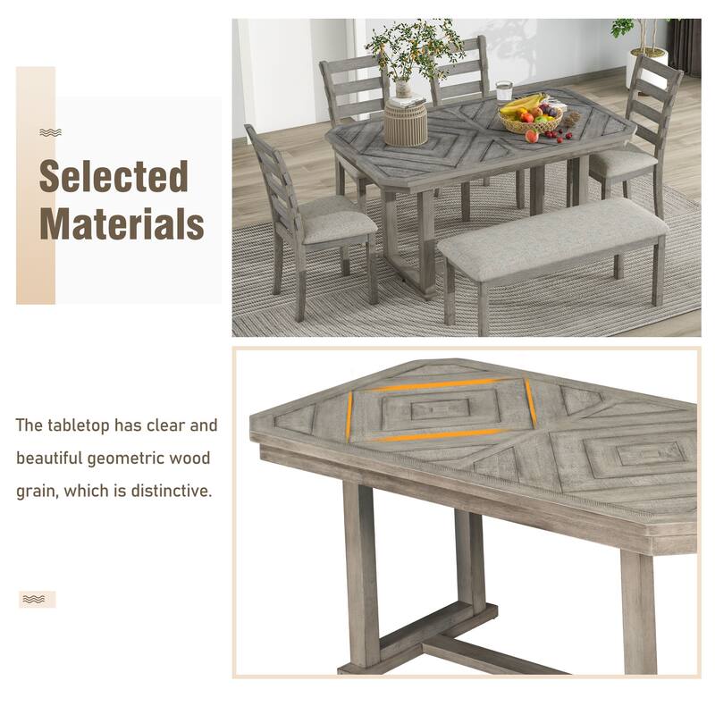 6-Piece Wooden Dining Table Set with Geometric Tabletop & 4 Chairs