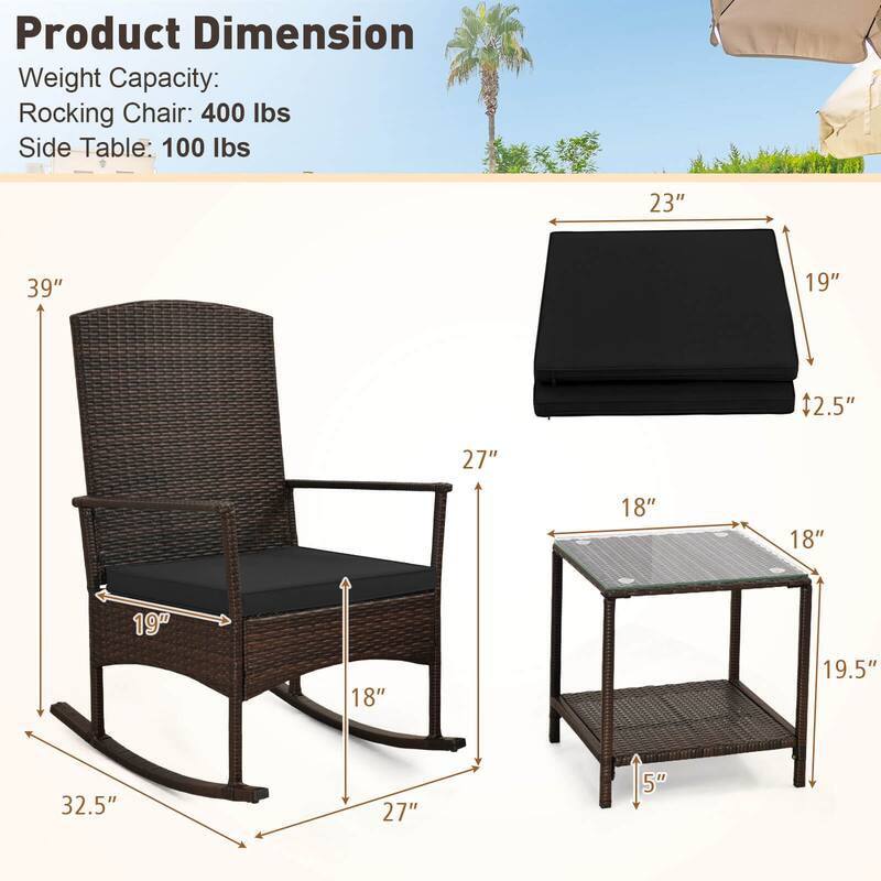 Costway 3 Piece Patio Rocking Set Wicker Rocking Chairs with 2-Tier - See Details