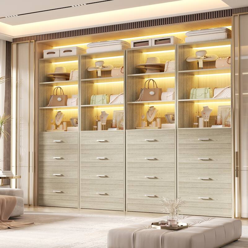 Freestanding Closet Organizer with 4 Drawers and 4 Shelves, Wooden Closet System for Walk-in Closet - Washed Oak - 4pcs