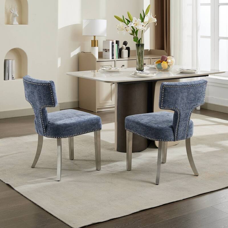 GDF Studio - Mid-Century Chenille Upholstered Dining Chairs with Curved Back & Golden Stainless Steel Legs, Set of 2