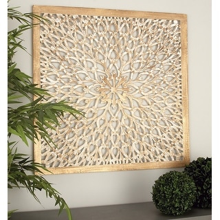 Light Brown Wood Handmade Intricately Carved Floral Home Wall Decor with Mandala Design