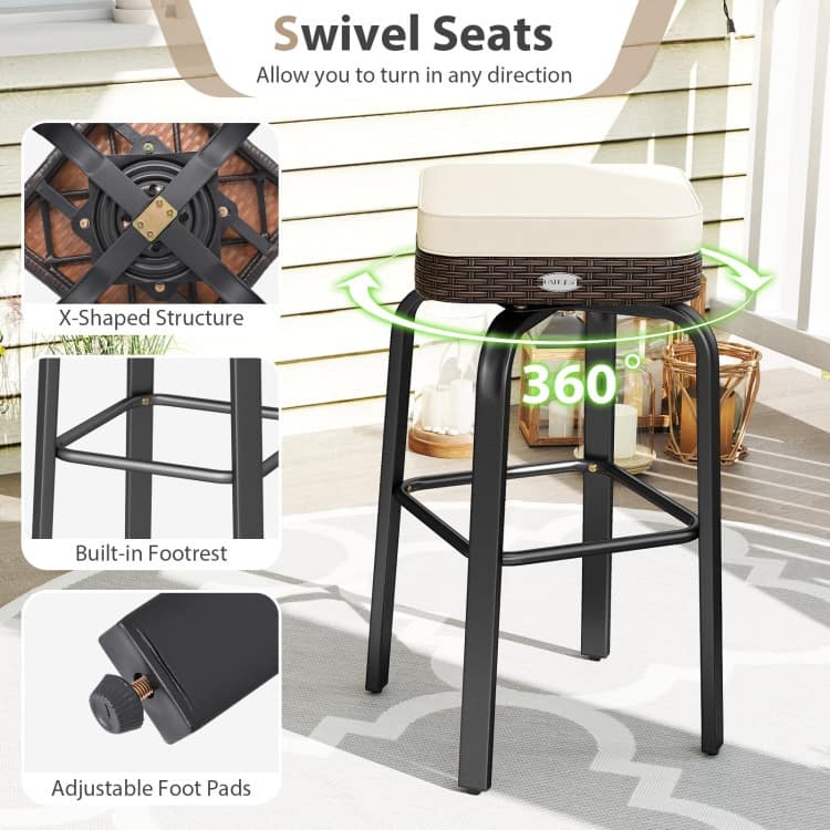 3-Piece Outdoor High Bar Set with Swivel Chairs and Tempered Glass Table Included Cushioned Seats - Table: 25” × 40” (Dia. × H)
