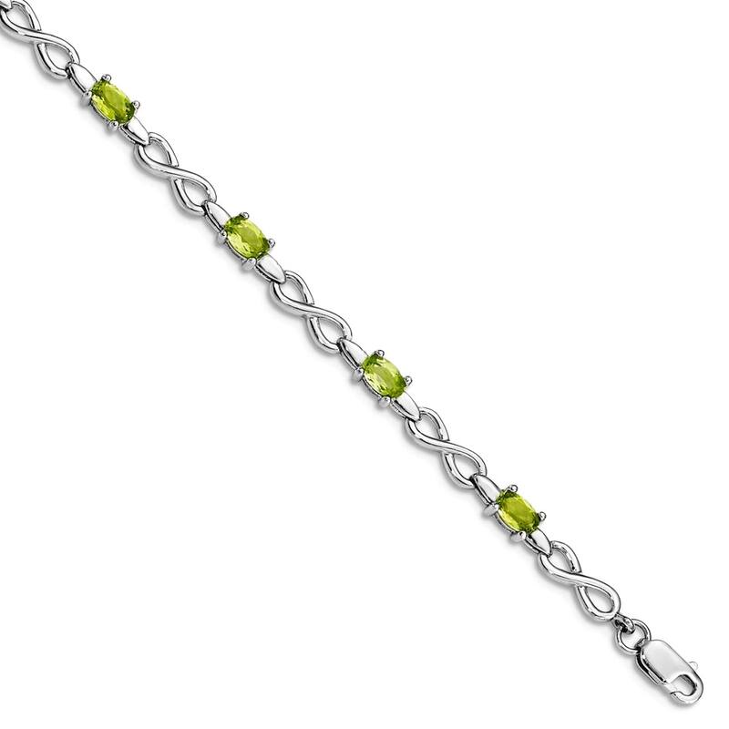 Curata 925 Sterling Silver 7" Round Gemstone and Diamond Line Bracelet - Peridot - White