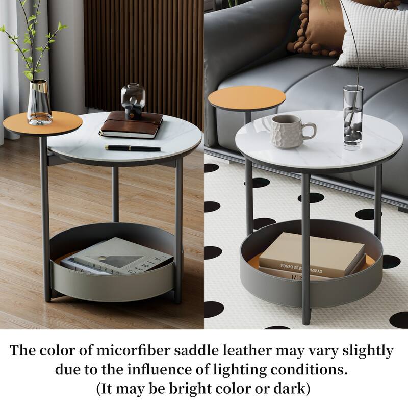 Unique Round Side End Table with 3-Tiers,Sintered Stone-top,Microfiber Saddle Leather Shelves,Accent Bedside Table for Room