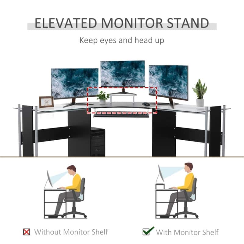 Modern Black MDF L-Shaped Home Office Desk with Tempered Glass Top and Rolling CPU Holder
