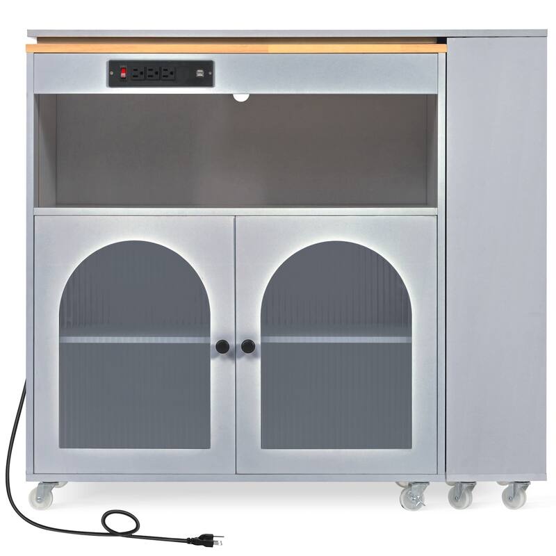 T-shape Grey Blue Kitchen Island Set w/ LED, Power Outlets and Wheels