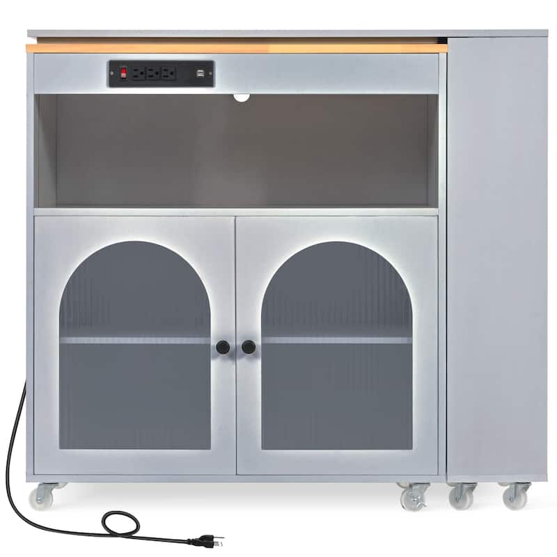 Wooden Kitchen Island with Rollers Storage Cabinet, Side Open Shelves, LED Lights, Power Outlets and 2 Fluted Glass Doors