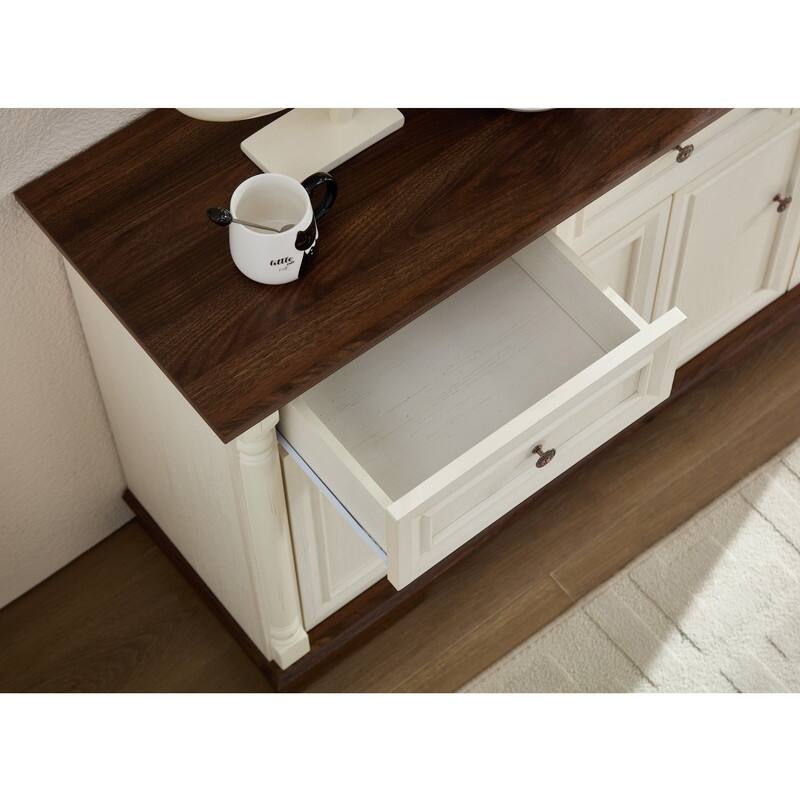 Farmhouse Roman Column Cabinet‌ – Wooden Storage Unit with Drawers & Doors, Coffee Bar & Wine Cooler for Kitchen or Hallway