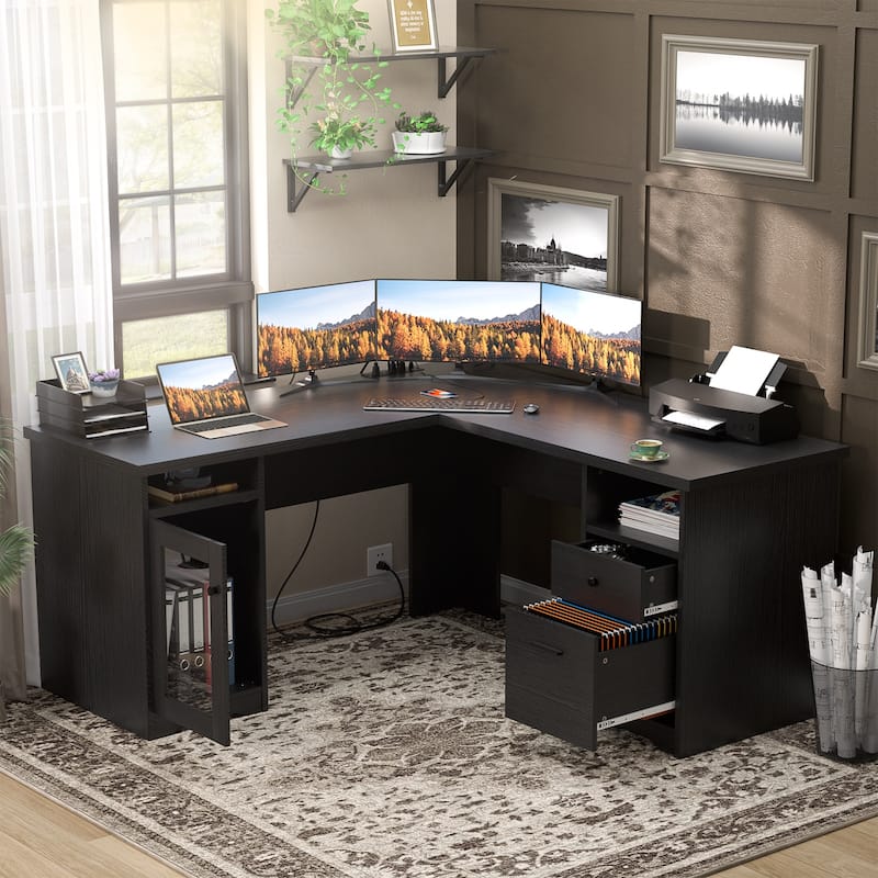 Modern Farmhouse L-Shape Desk with File Cabinet and Drawers, Homer Office Executive Desk with Charge Station