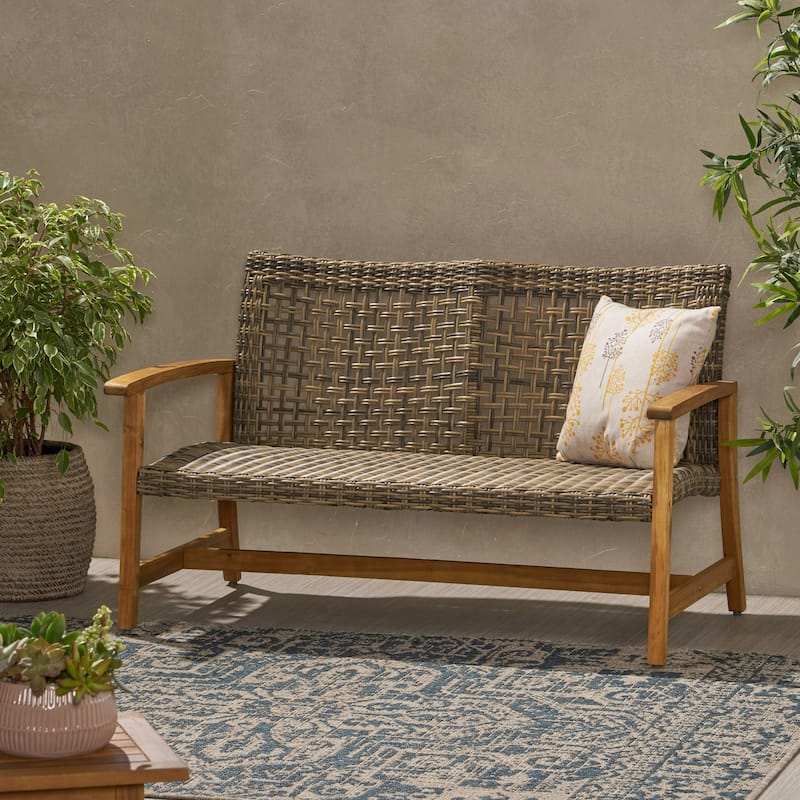 Roomfitters 2-Seater Outdoor Wicker Patio Loveseat with Acacia Wood Frame and Curved Backrest - Natural