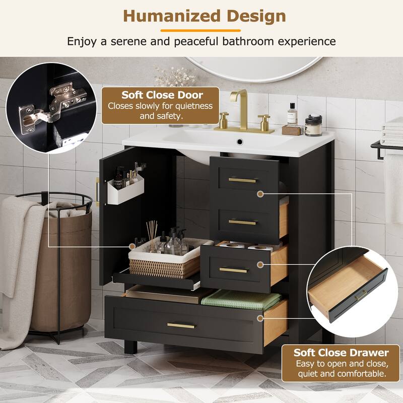 30" Modern Bathroom Vanity Set with Ceramic Sink - Soft-Close Doors & 3 Drawers, Storage Cabinet with Removable Tray