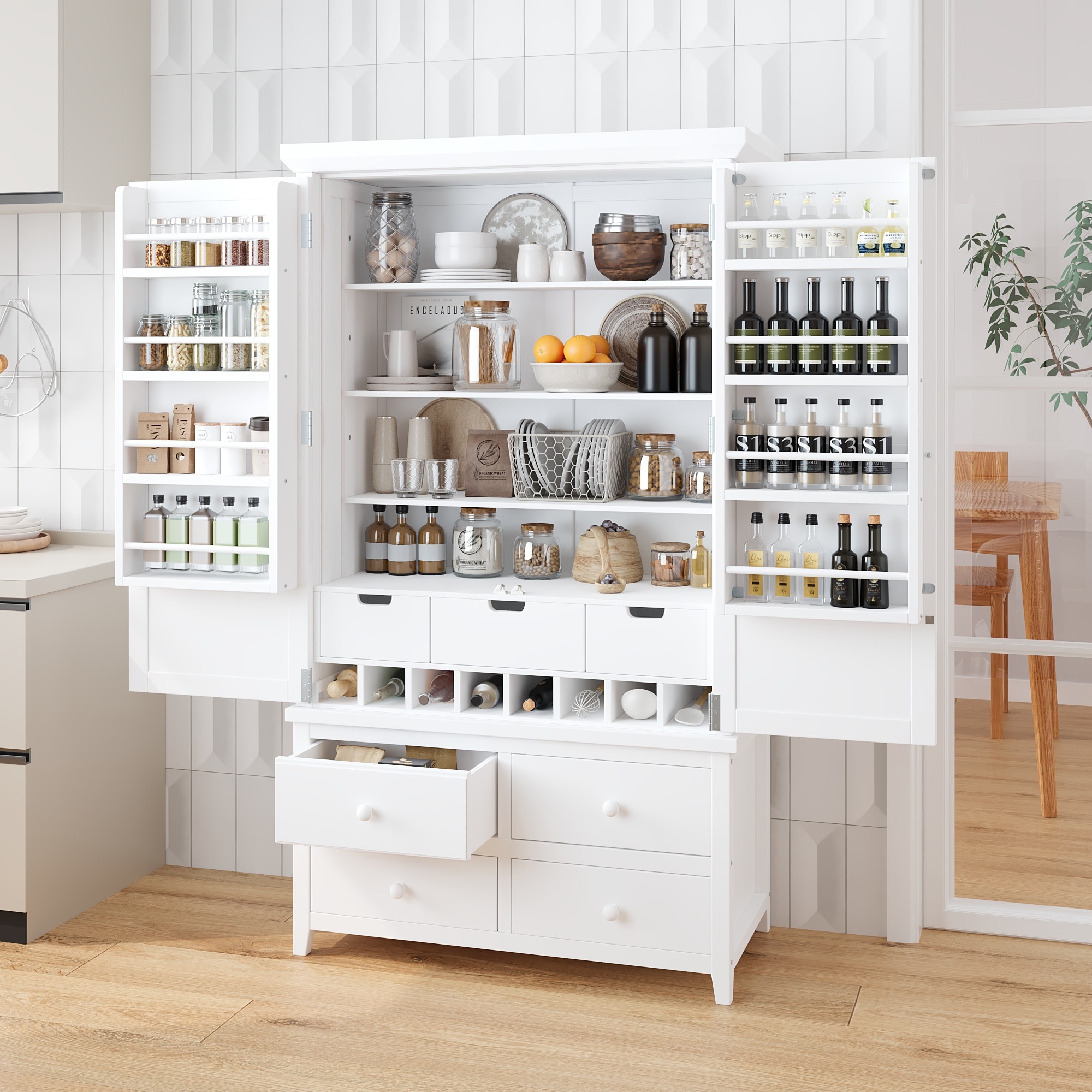 Freestanding Large Kitchen Pantry Wooden Kitchen Storage Cabinet Cupboard with 8 Door Shelves 3 Adjustable Shelves 7 Drawers On Sale Bed Bath Beyond 42167898