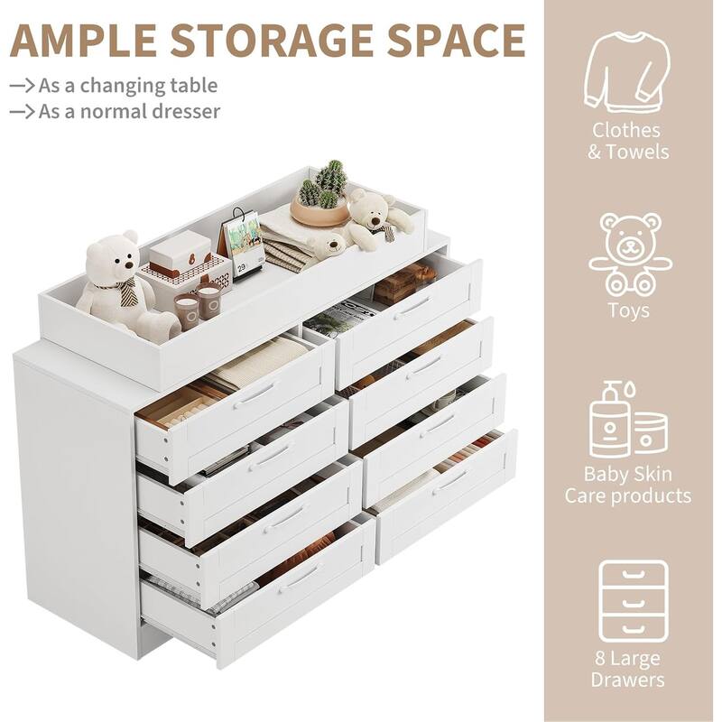 Baby Changing Dresser with 8 Drawers,Wooden Nursery Dresser with Safety Rail & Open Shelf