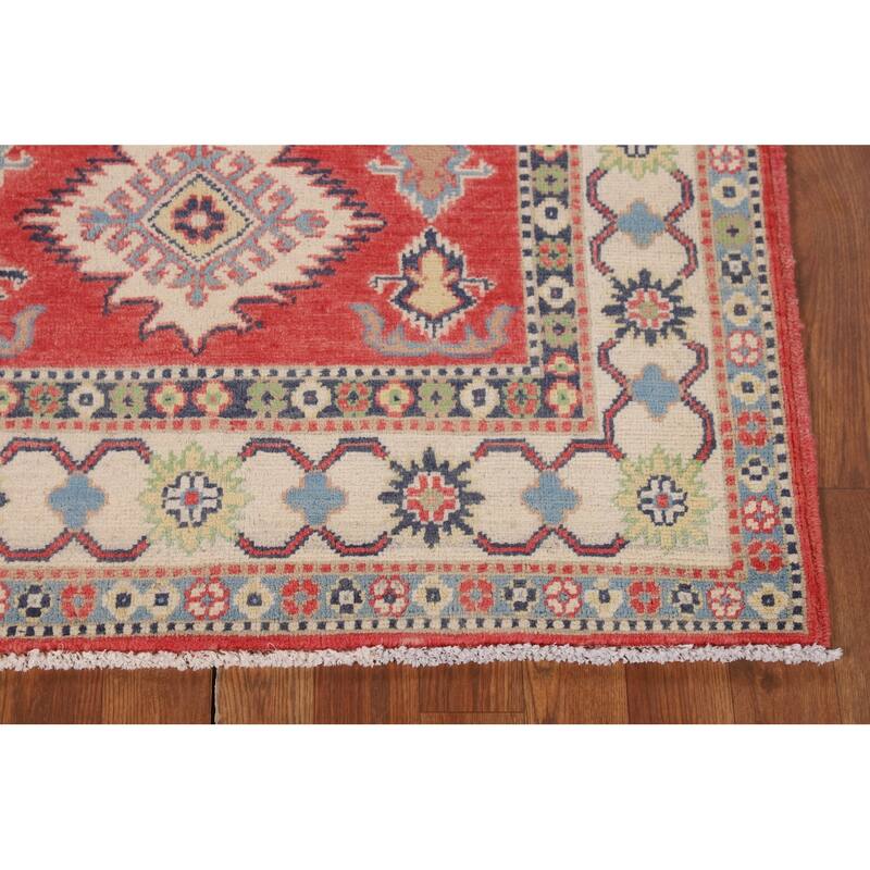 Geometric Kazak Accent Rug Handmade Red Wool Carpet - 3'4" x 5'0"