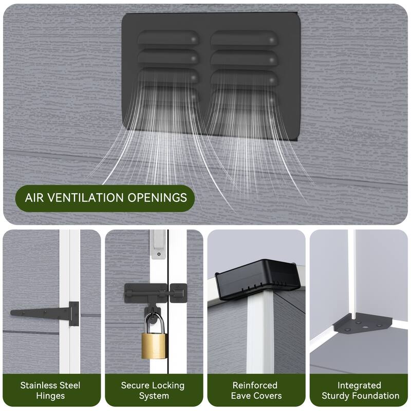 EROMMY Outdoor Storage Shed with Built-In Floor, Lockable Double Doors & Sloped Roof, Gray/Black