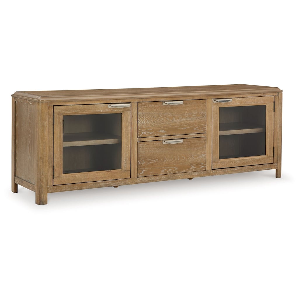 Cotty TV Media Console, Light Brown Rubberwood, Glass Door, 80 Inch