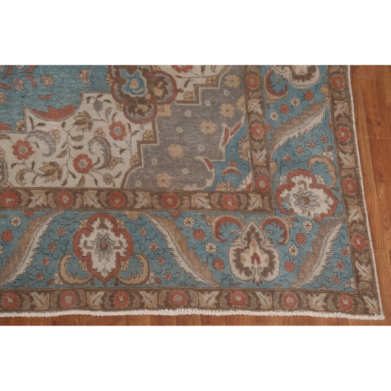 Distressed Over-Dyed Tabriz Persian Rug Antique Blue Wool Carpet - 9'5"x 11'10"