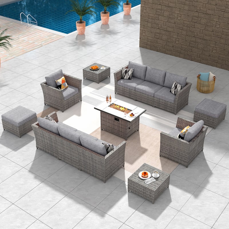 HOOOWOOO 13-piece Grey Wicker Patio Furniture Outdoor Sectional Set with Fire Pit - Dark Grey