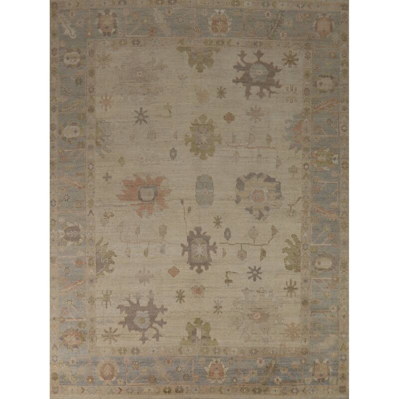 Hand Knotted Oriental 100% Wool Carpet Transitional All-Over Beige & Ivories Oushak Area Rug - 9' 9'' X 8' 2''