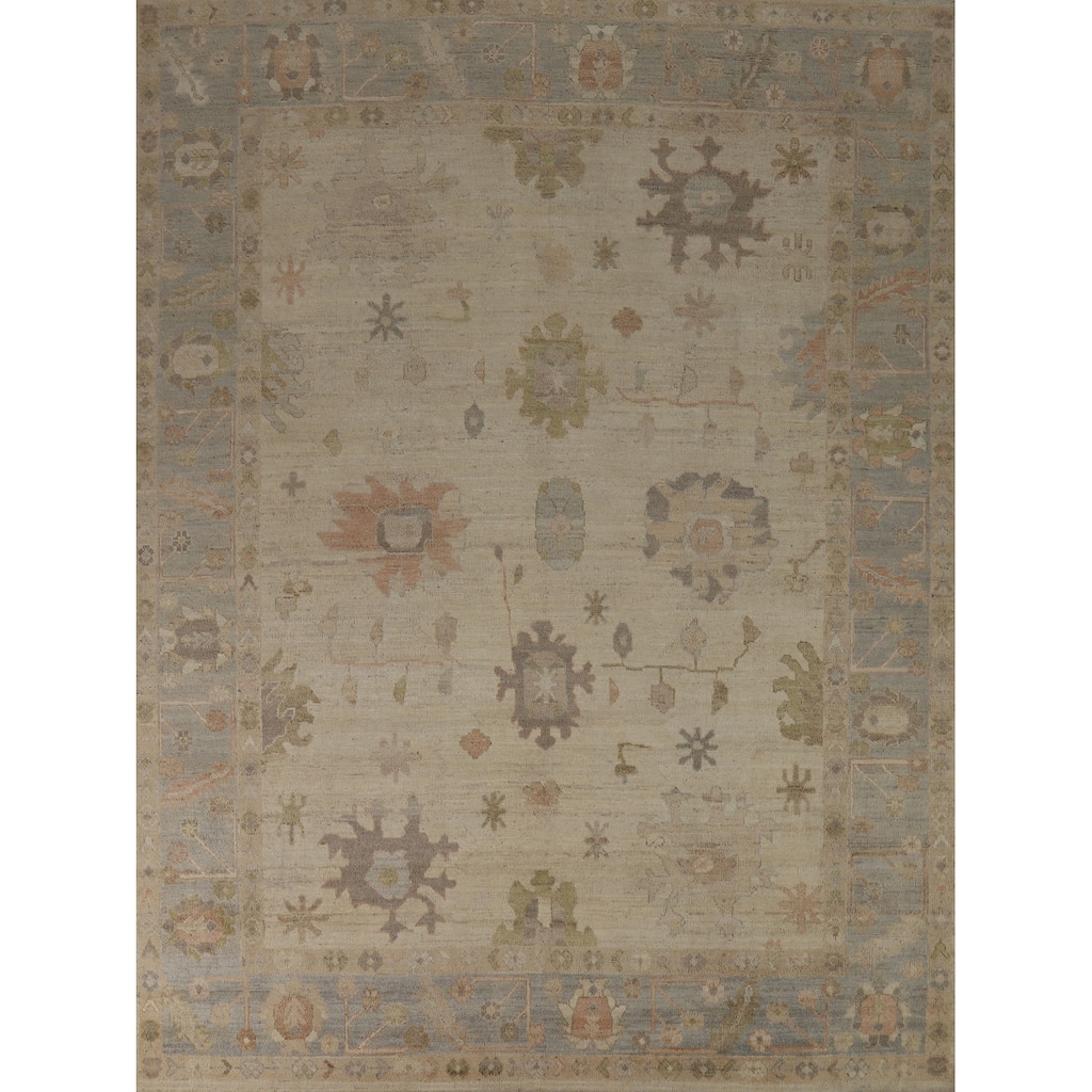 Hand Knotted Oriental 100% Wool Carpet Transitional All-Over Beige & Ivories Oushak Area Rug - 9' 9'' X 8' 2''