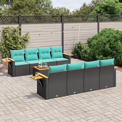 vidaXL 9 Piece Patio Sofa Set with Cushions Black Poly Rattan - 21.7x27.2x24.4