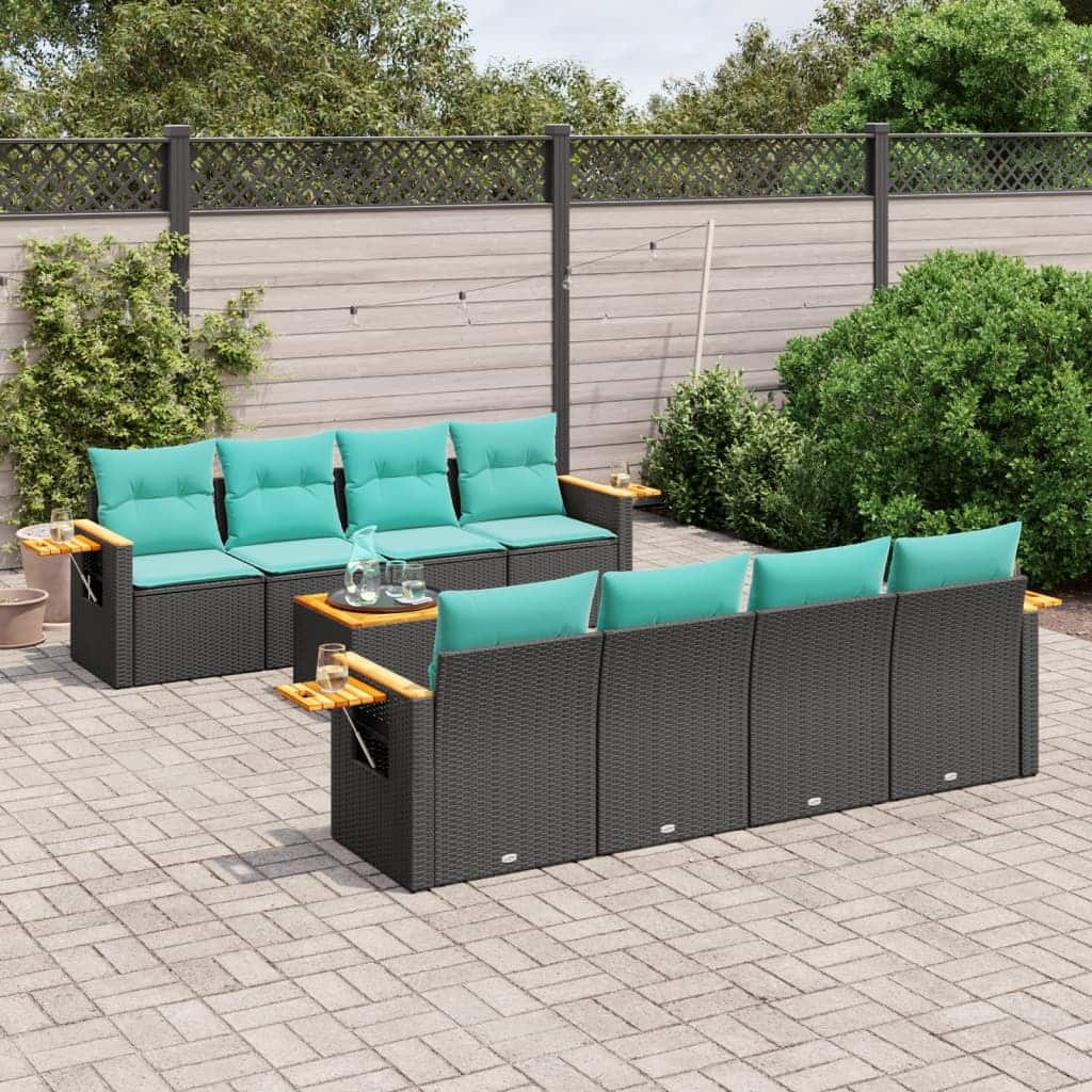 vidaXL 9 Piece Patio Sofa Set with Cushions Black Poly Rattan - 21.7x27.2x24.4