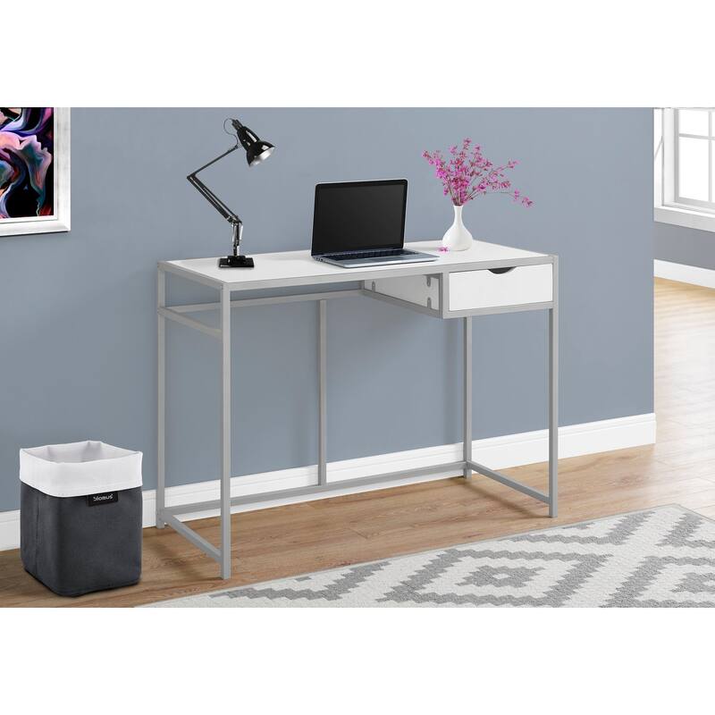 Computer Desk, Home Office, Laptop, Storage Drawer, 42"l, Work, White Laminate, Black Metal, Contemporary