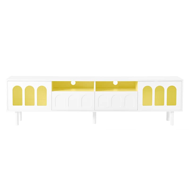 LED TV Stand for Living Room, Entertainment Center for TVs Up to 80" with Wood Legs, Storage Media Console with 2 Drawers
