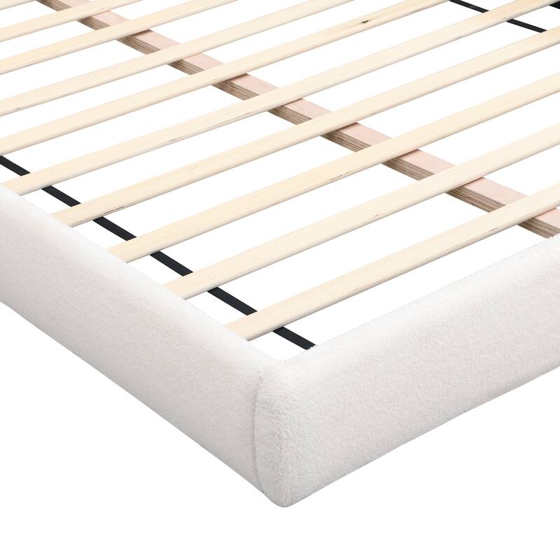 Unique Arched Boucle Grounding Bed Frame, Upholstered Platform Bed, Half Moon Shaped Headboard with 2 Small Table