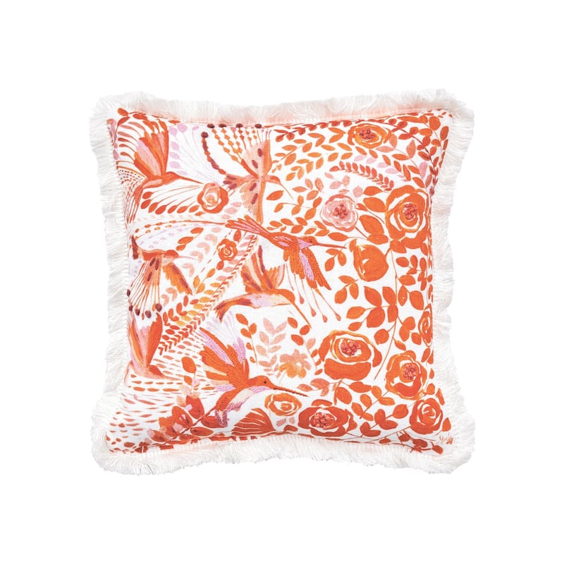 10" x 10" Hummingbird Bird Orange Floral Cotton Decor Small/Petite Accent Pillow