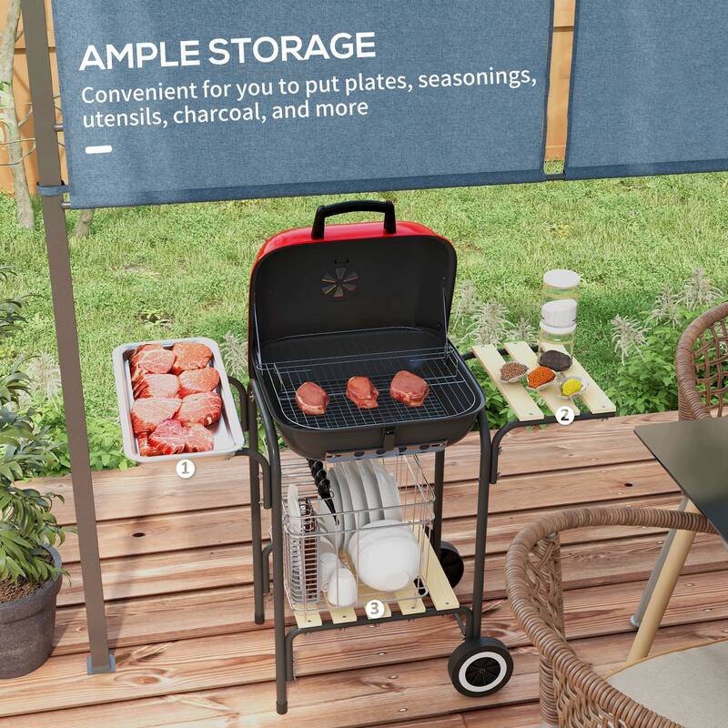 Portable Charcoal Grill with Wheels 2 Side Tables and Bottom Shelf, Adjustable Vents, for Picnic Camping, Backyard, Cooking