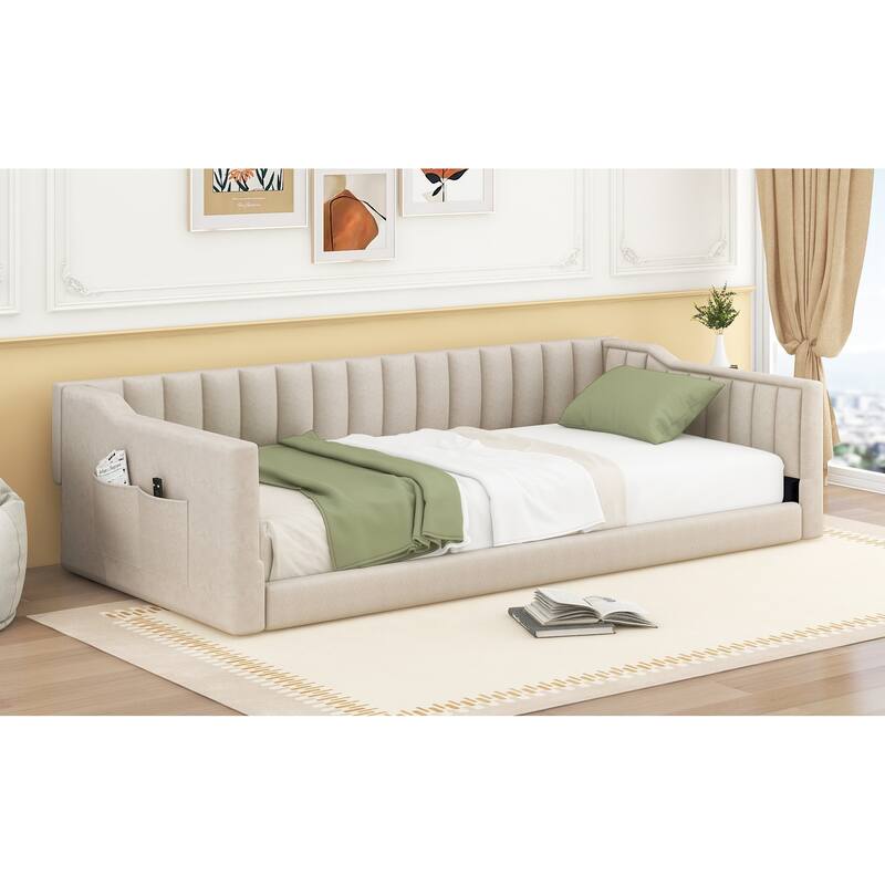 Twin XL Upholstered Daybed with Side Storage Pocket in Beige Velvet