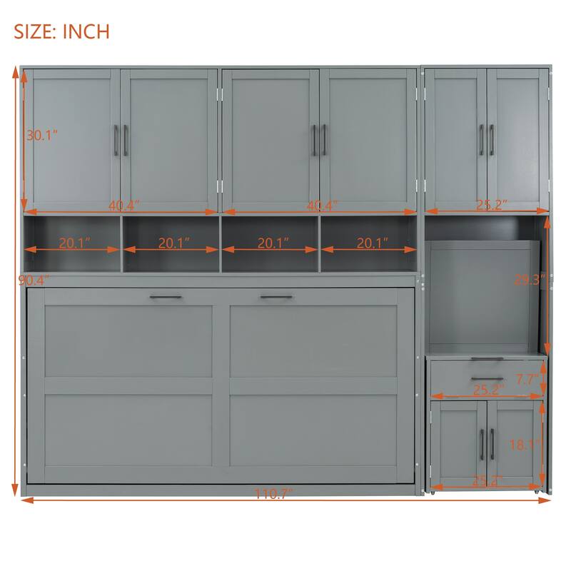 Twin Size Wood Murphy Bed with Desk, Foldable Wall Bed with Closet and Open Shelves, Hidden Cabinet Bed Frame with Drawers