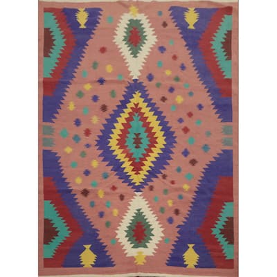 Hand Woven Oriental 100% Wool Carpet Southwestern Tribal Pink Kilim Area Rug - 9' 6'' X 8' 3''