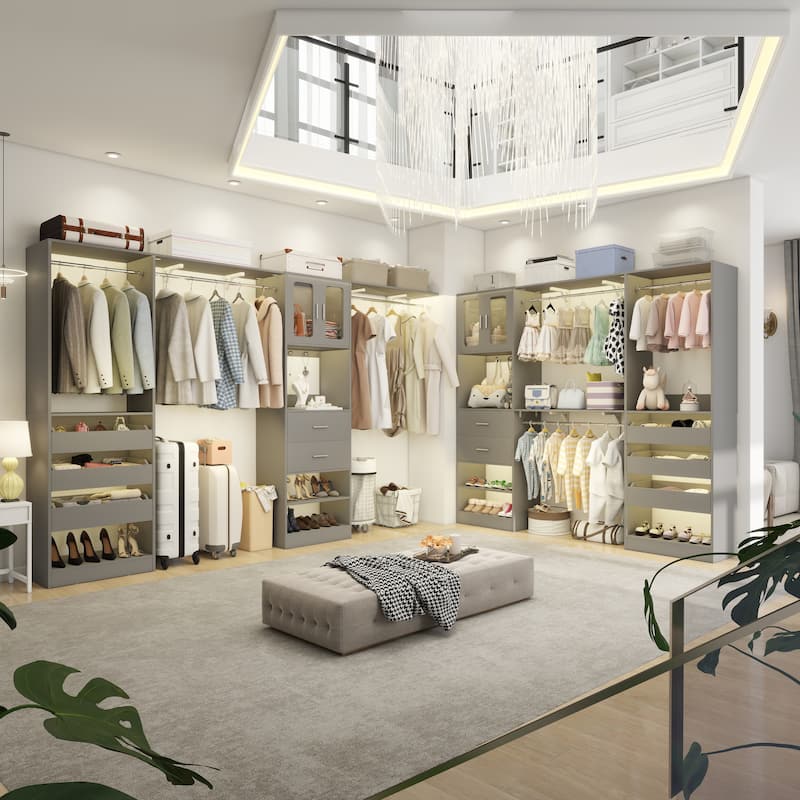 80"-120" Closet System With Door and Wooden Drawers, Closet Organizer System with 3 Haning Rods and Storage Shelves