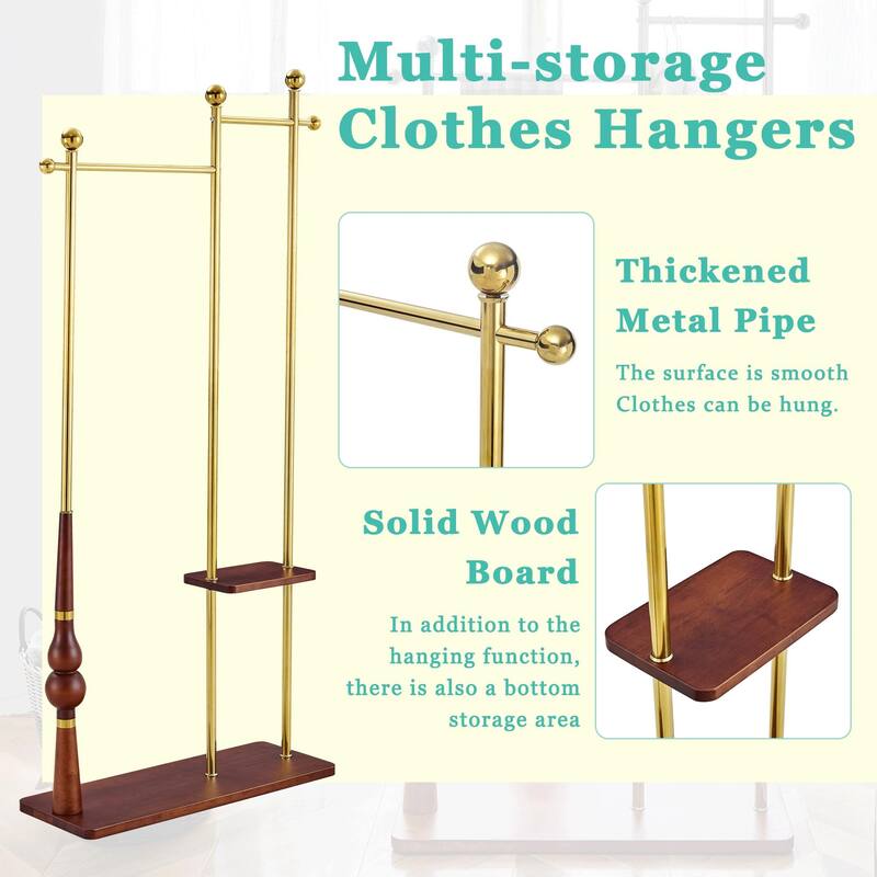Industrial Coat Rack, Solid Wood and Stainless Steel Heavy Duty Clothing Stand with 2 Layer Storage