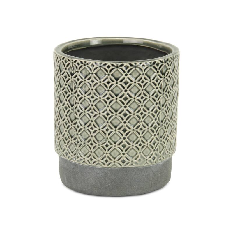 HomeRoots 6" Gray Geometric Ceramic Indoor Outdoor Round Pot Planter