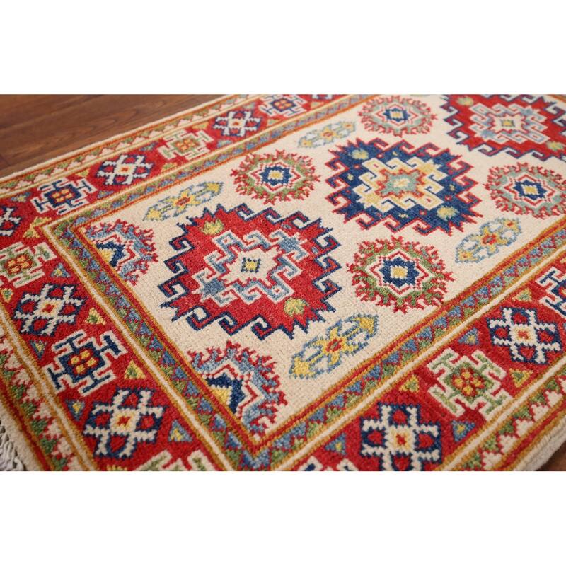 Ivory Kazak Oriental Accent Rug Hand-Knotted Wool Carpet - 1'10" x 2'10"