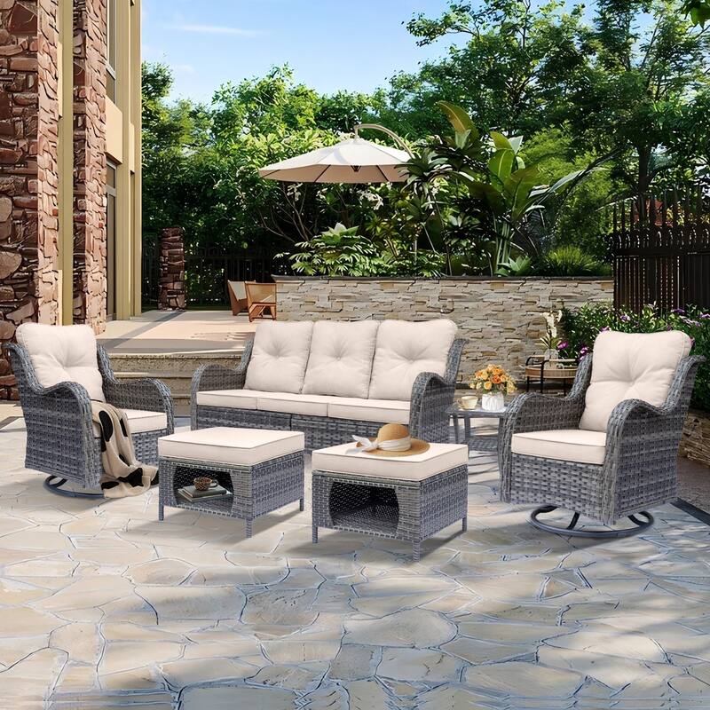 Wicker Patio Furniture Set-Patio Conversation Sets with Swivel Chairs - 6 Piece - Beige/Gray Wicker