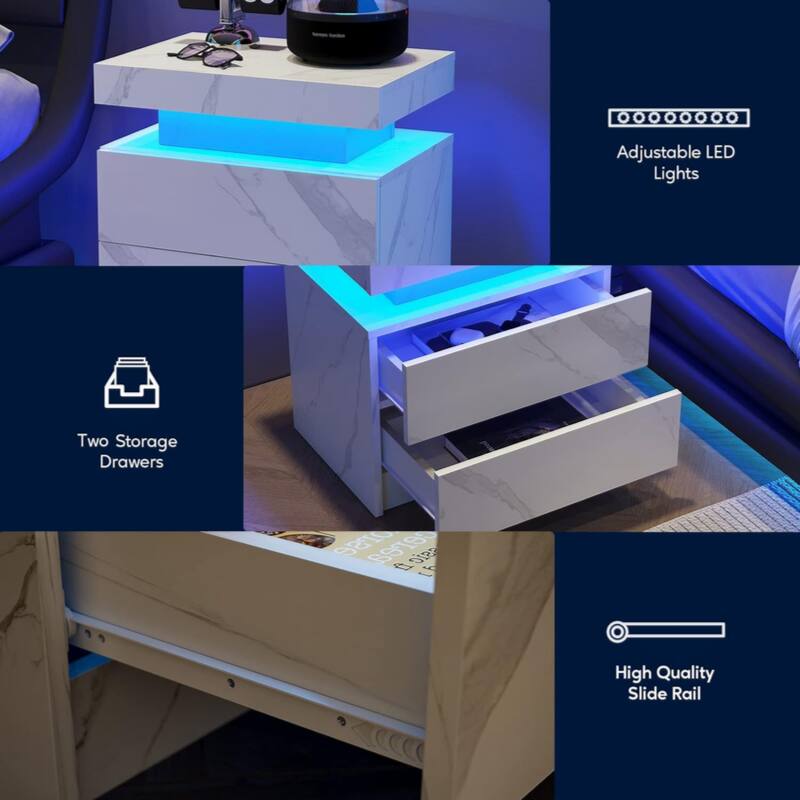 Nightstand LED Bedside Table Cabinet Lights Modern End Side with 2 Drawers for Bedroom